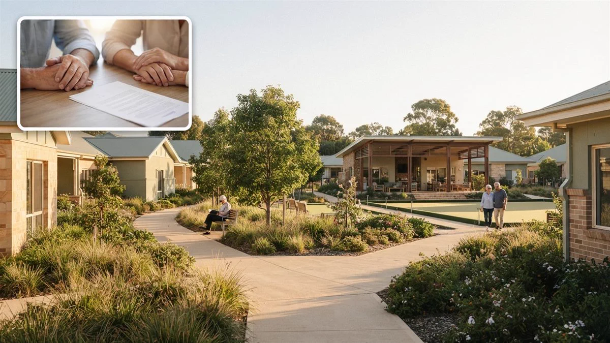 A balanced scale weighing a village contract against what it provides